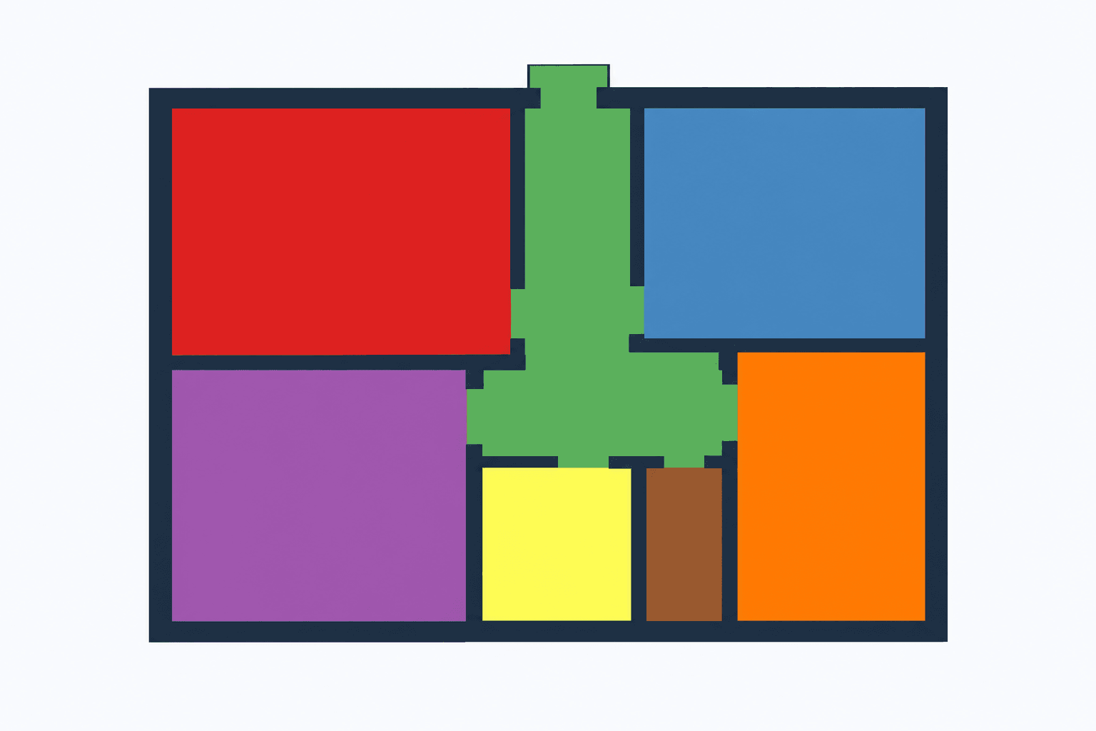 AI-normalized sample floor plan with distinct colored rooms and a central corridor